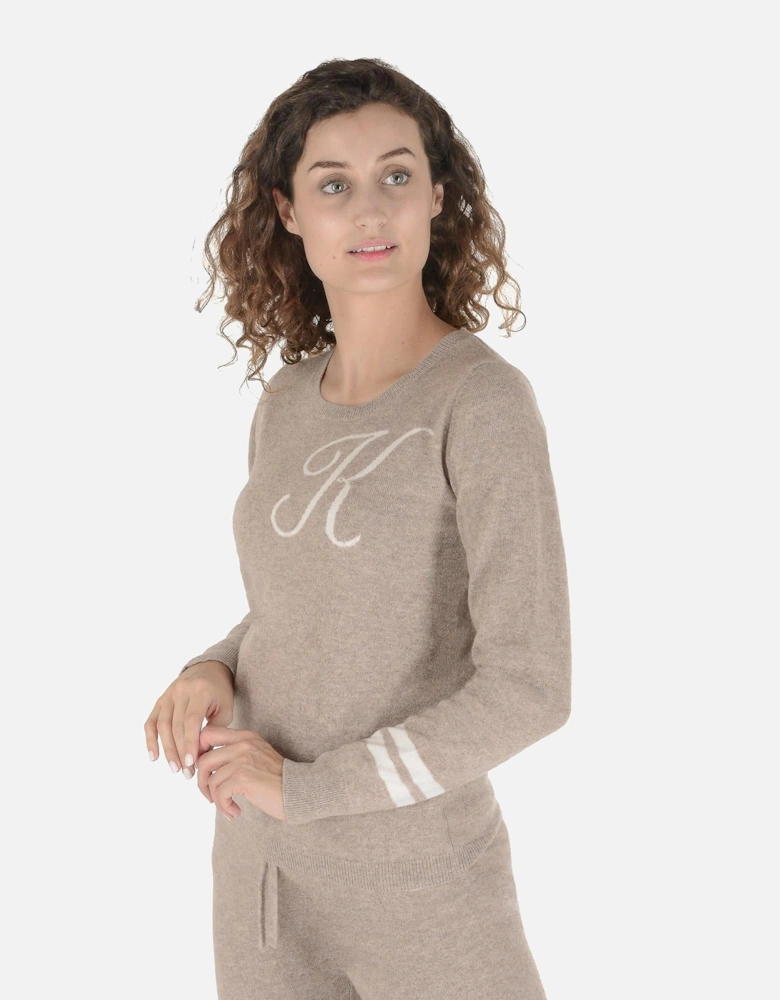 Women's Beige Cashmere Sweater with Embroidered R