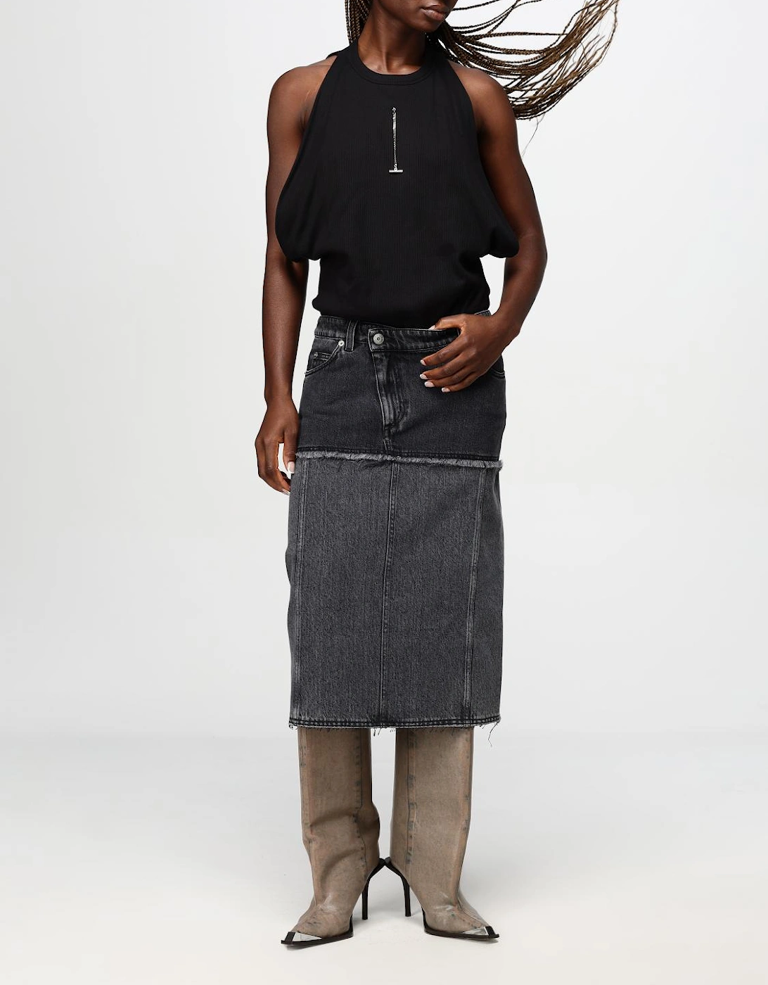 Layered Denim Midi Skirt