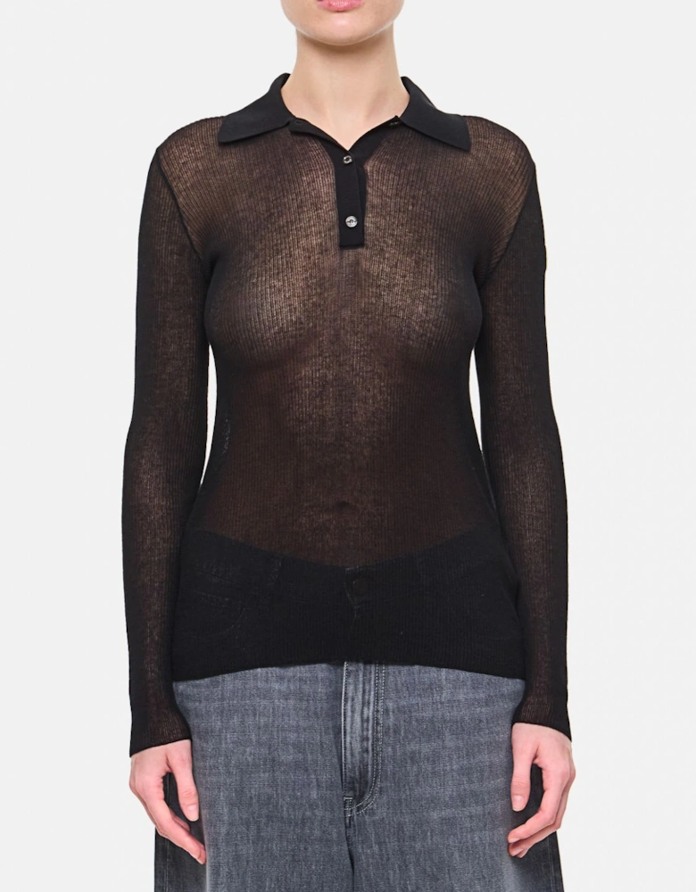 Ribbed Knit Collared LongSleeve Top
