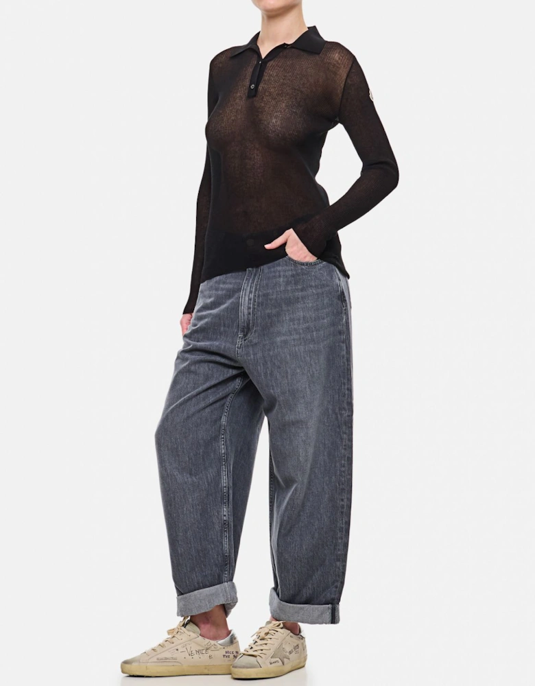 Ribbed Knit Collared LongSleeve Top