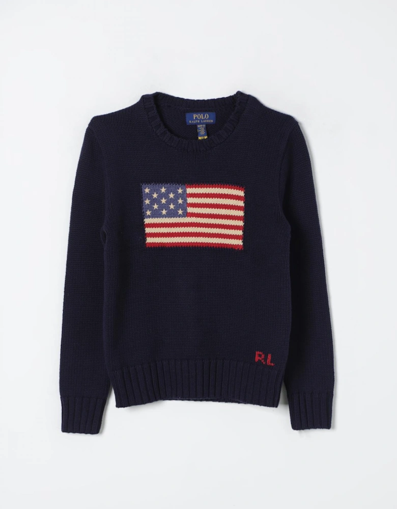 Knitted Cotton Blend Sweater with American Flag Design