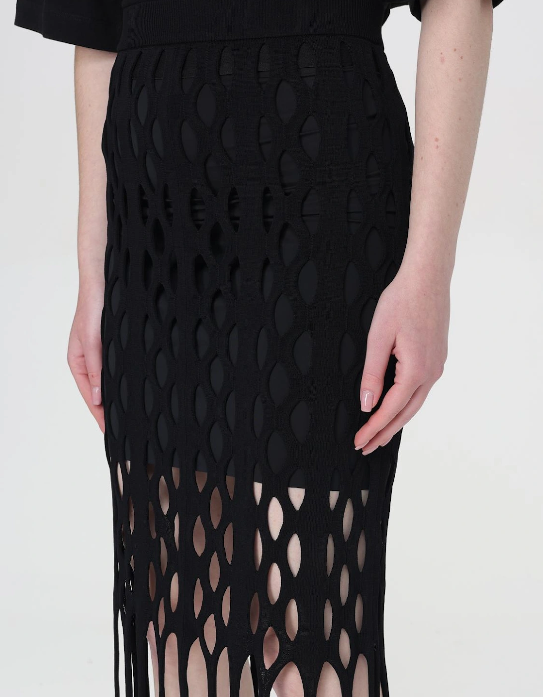 Cutout Knit Fringe Midi Skirt