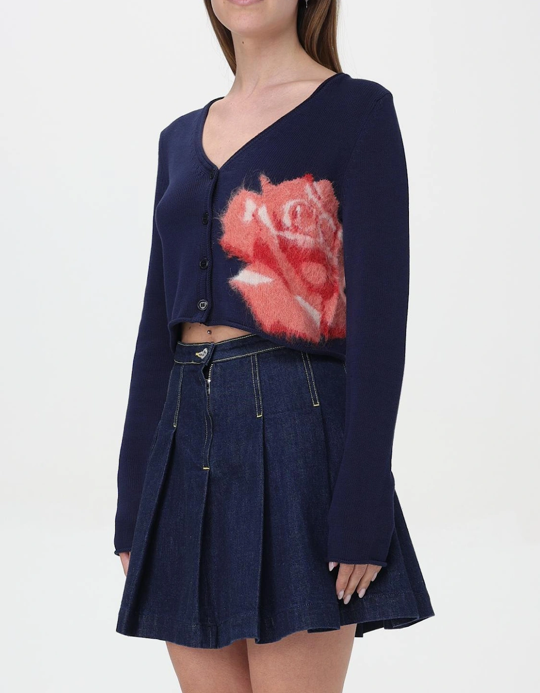Cropped Cardigan Fuzzy Floral Detail