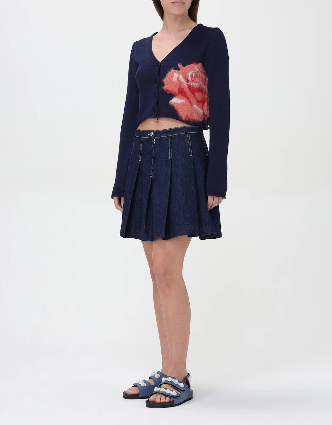 Cropped Cardigan Fuzzy Floral Detail