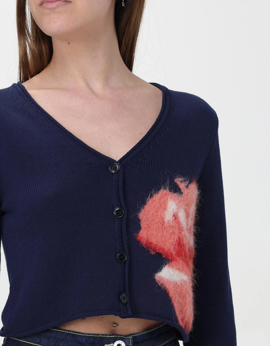 Cropped Cardigan Fuzzy Floral Detail