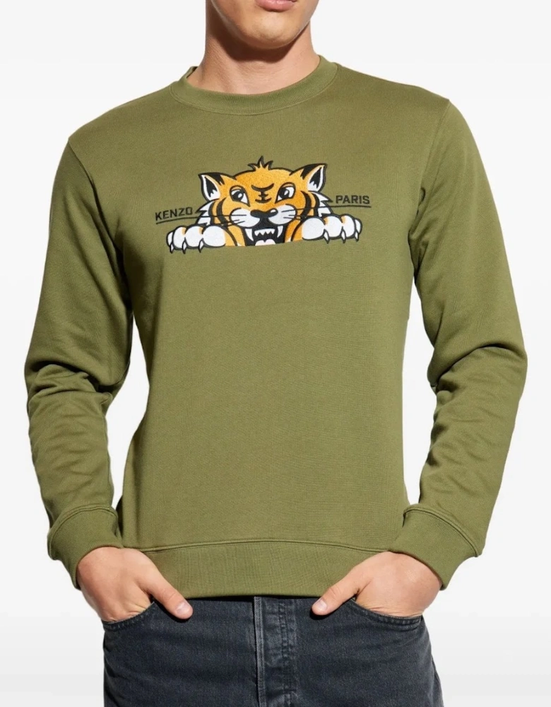 Happy Tiger Embroidered Slim Sweatshirt Green