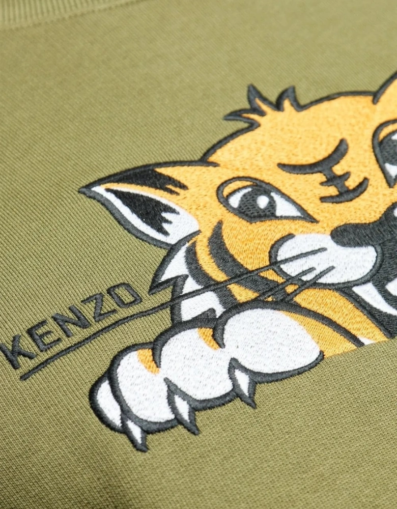 Happy Tiger Embroidered Slim Sweatshirt Green