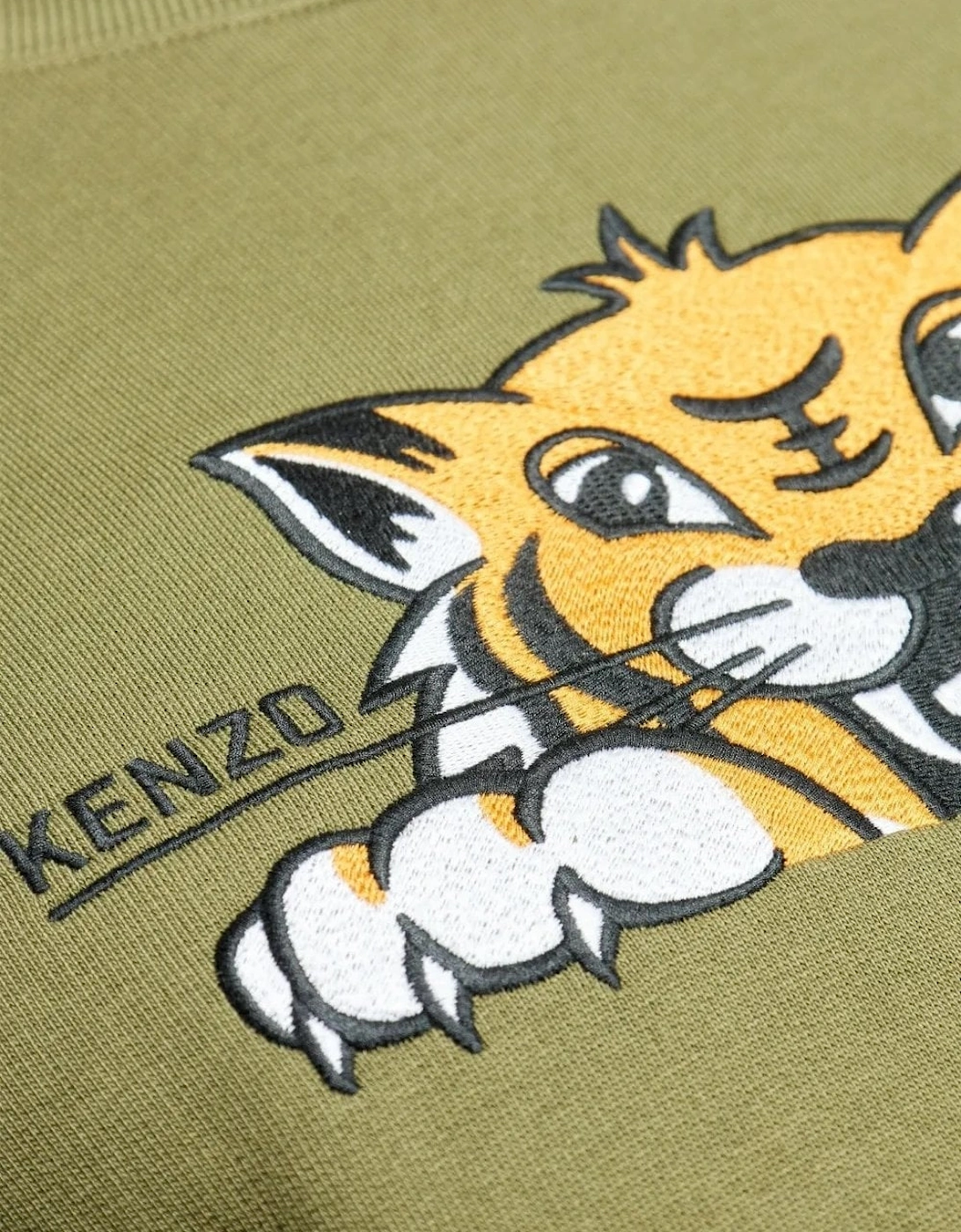 Happy Tiger Embroidered Slim Sweatshirt Green