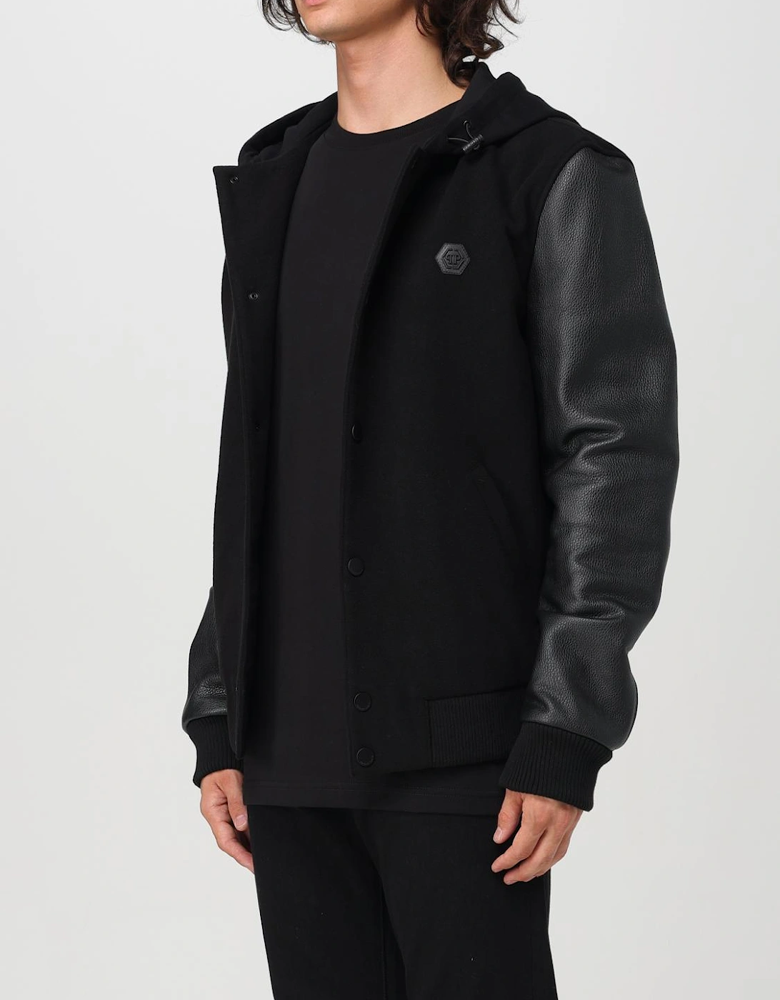 Hooded Varsity Jacket Leather Sleeves
