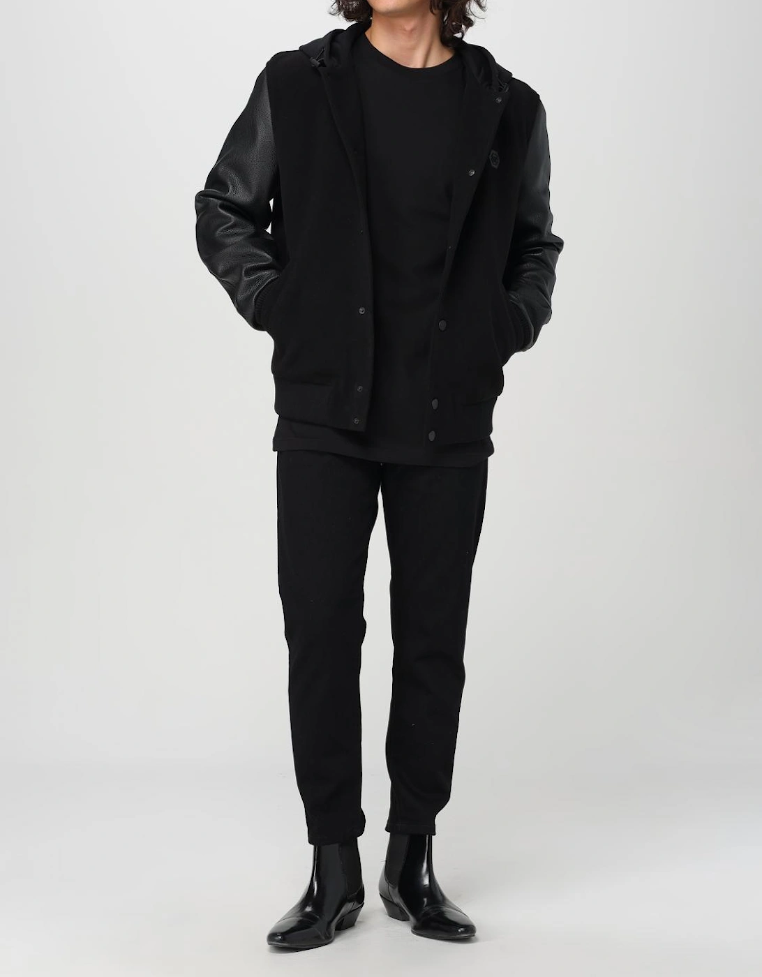 Hooded Varsity Jacket Leather Sleeves