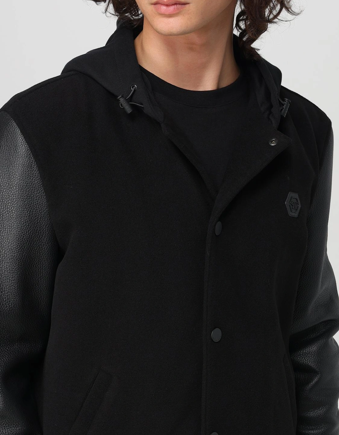 Hooded Varsity Jacket Leather Sleeves