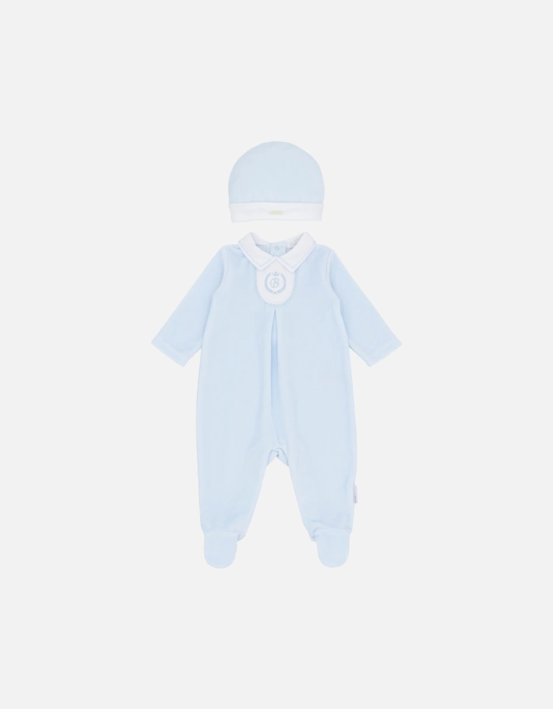 Boys Pale Blue Velour Babygrow and Hat