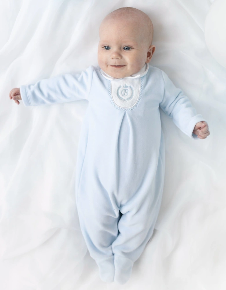 Boys Pale Blue Velour Babygrow and Hat