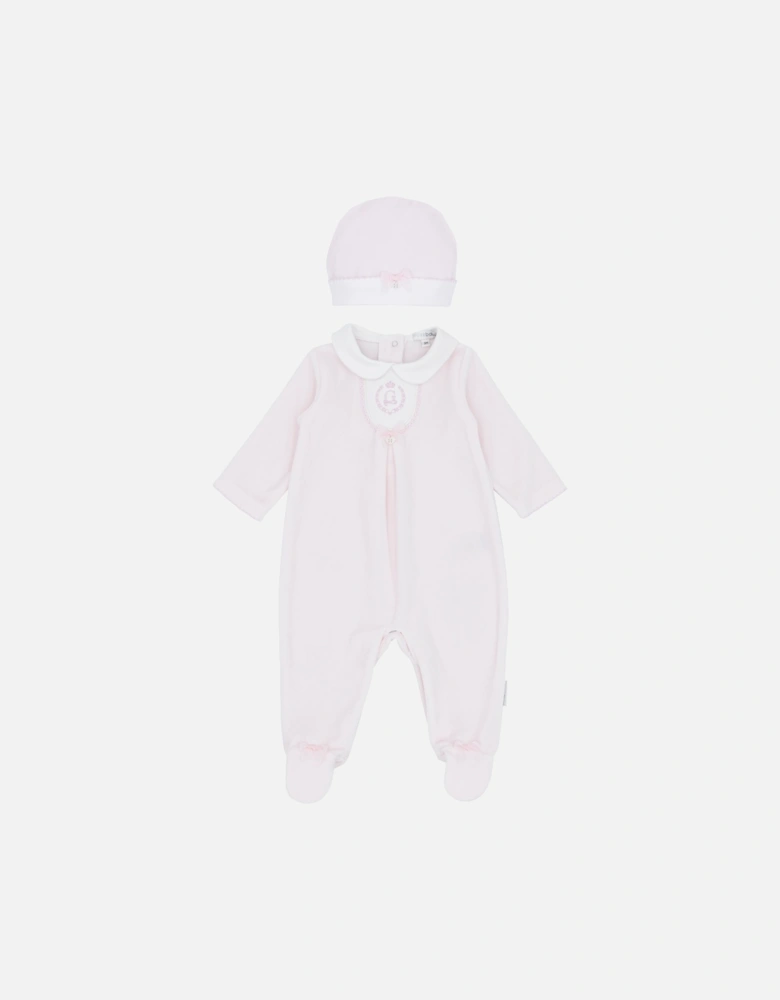 Girls Pale Pink Velour Babygrow and Hat
