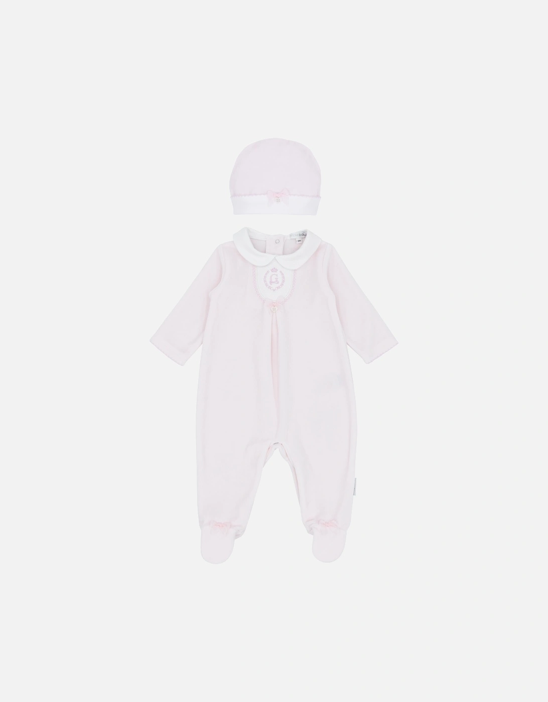 Girls Pale Pink Velour Babygrow and Hat, 2 of 1