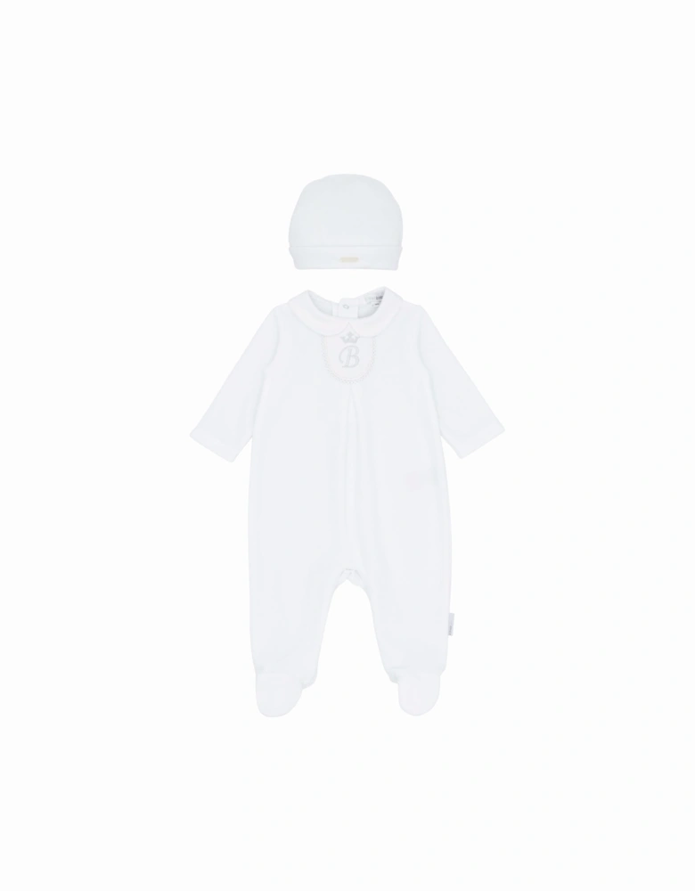 White Velour Babygrow and Hat
