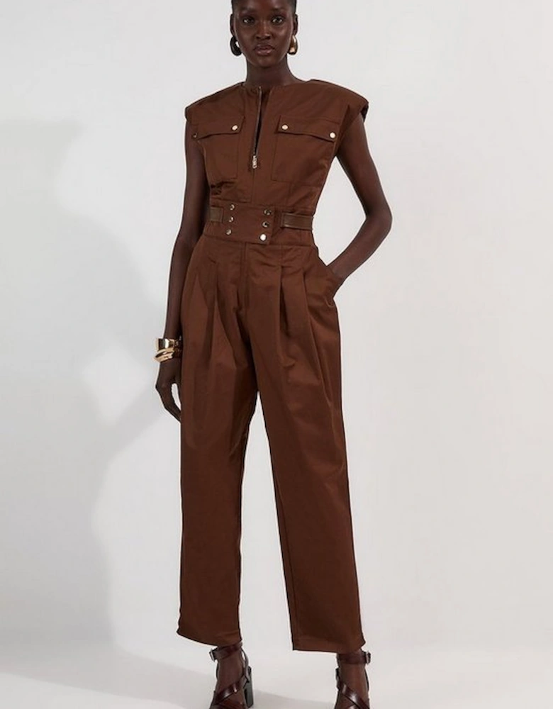 Cotton & Faux Leather Tab Utility Jumpsuit