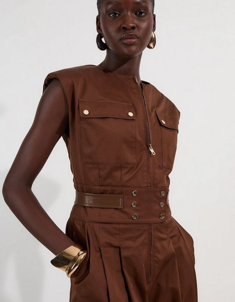 Cotton & Faux Leather Tab Utility Jumpsuit