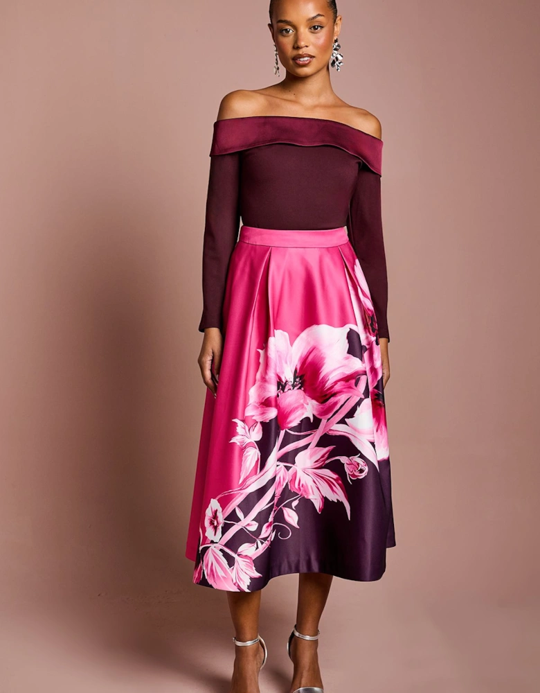 Petite Placement Print Satin Midi Skirt