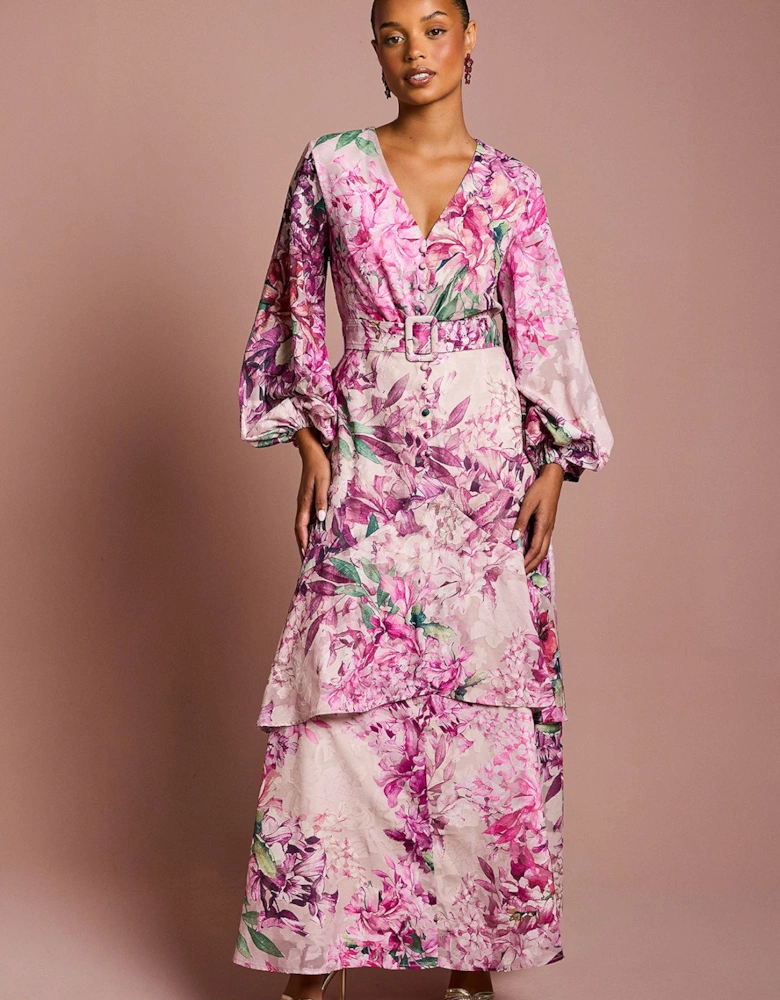 Petite Long Sleeve Chiffon Midaxi Dress With Belt