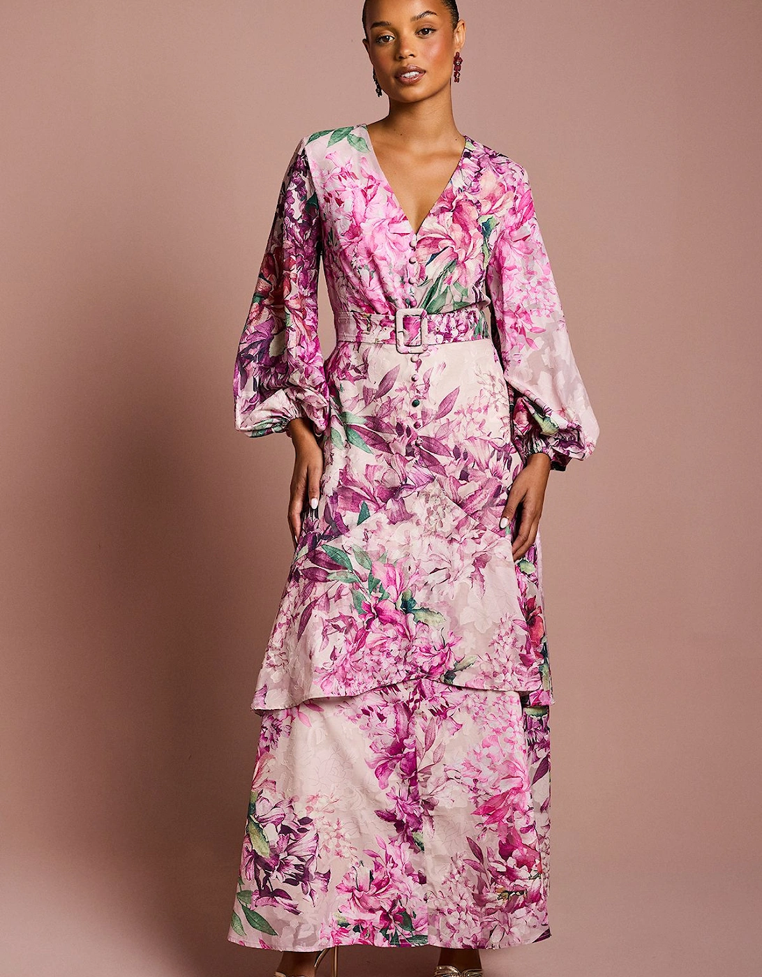 Petite Long Sleeve Chiffon Midaxi Dress With Belt, 2 of 1