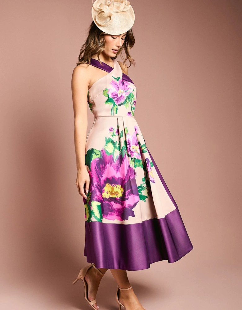 Printed Structured Satin Cross Neck Midi Dress