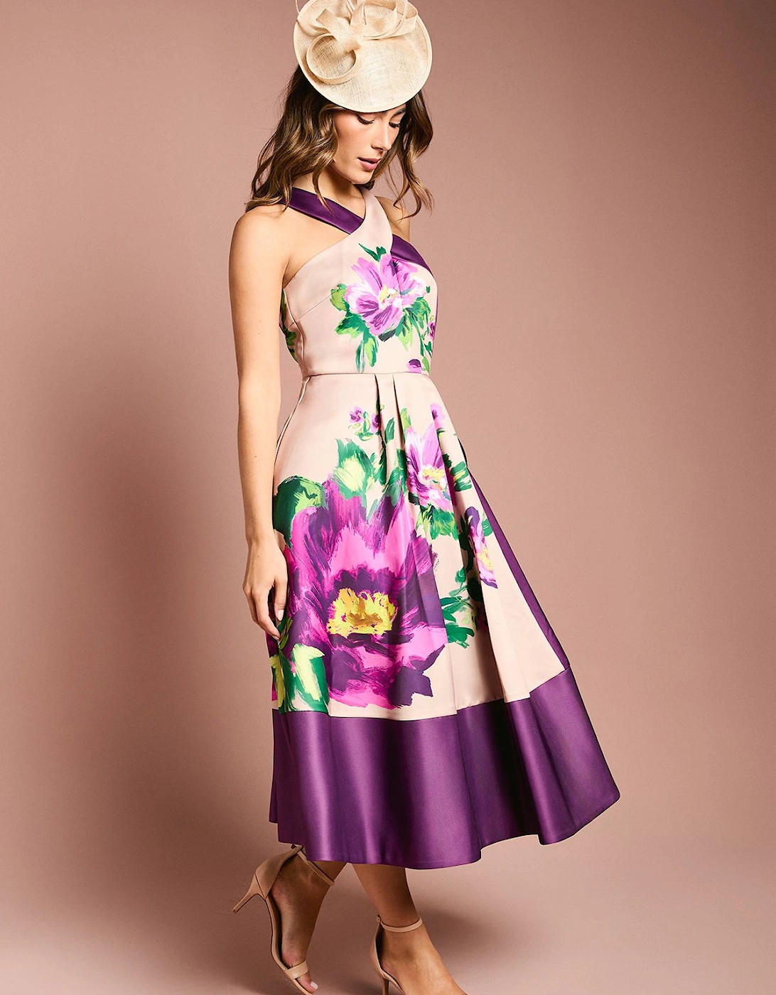 Printed Structured Satin Cross Neck Midi Dress, 2 of 1