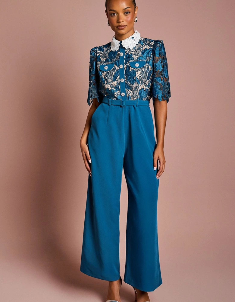 Petite Lace Shirt Short Sleeve Jumpsuit
