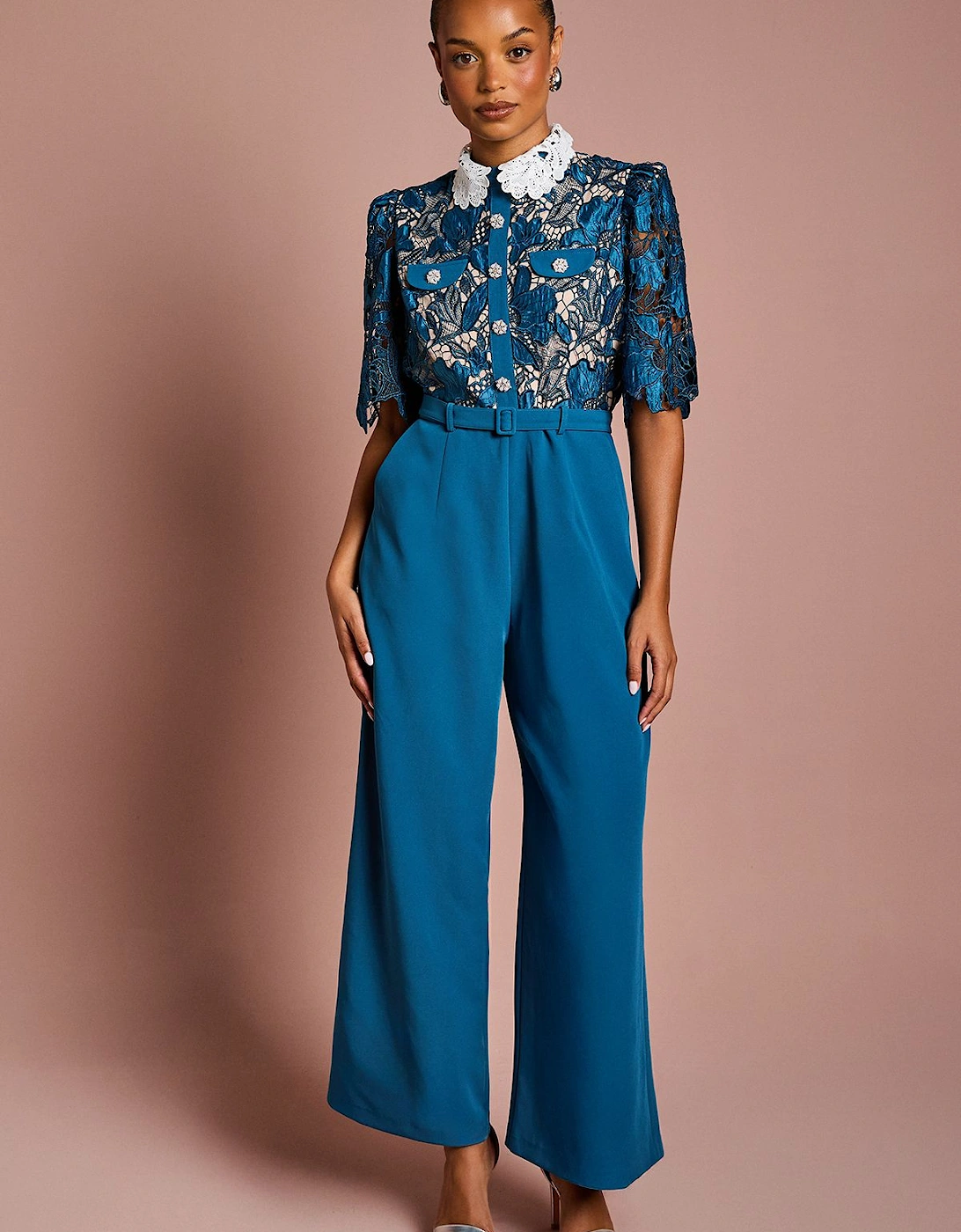 Petite Lace Shirt Short Sleeve Jumpsuit, 2 of 1