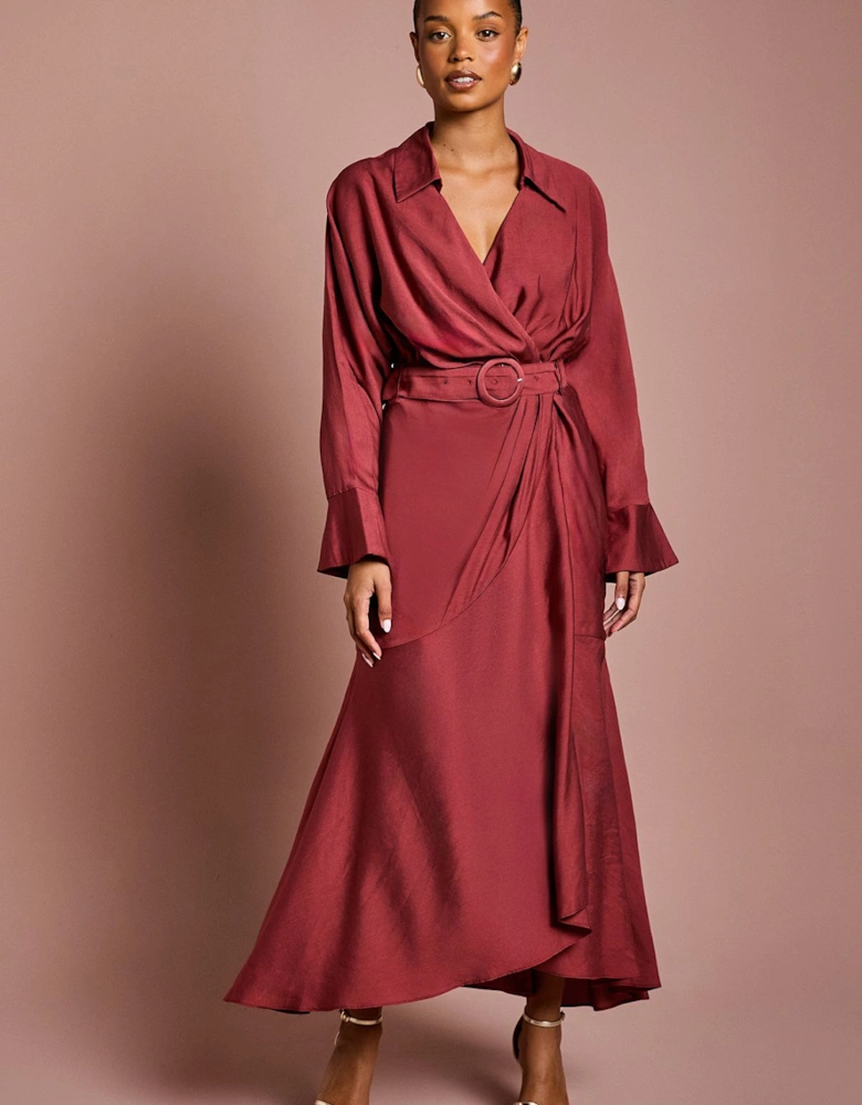 Petite Twill Long Sleeve Wrap Dress With Belt