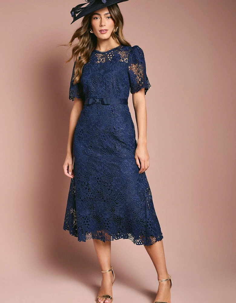 Lace Midi Dress With Bow Belt