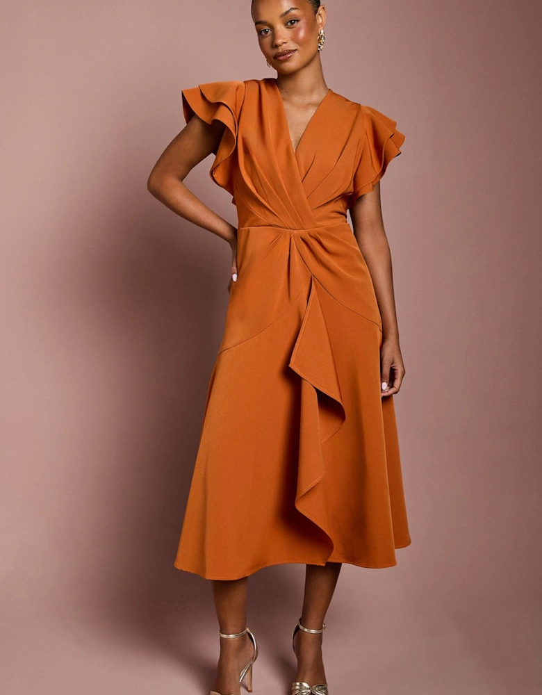 Petite Short Sleeve V Neck Wrap Front Midi Dress