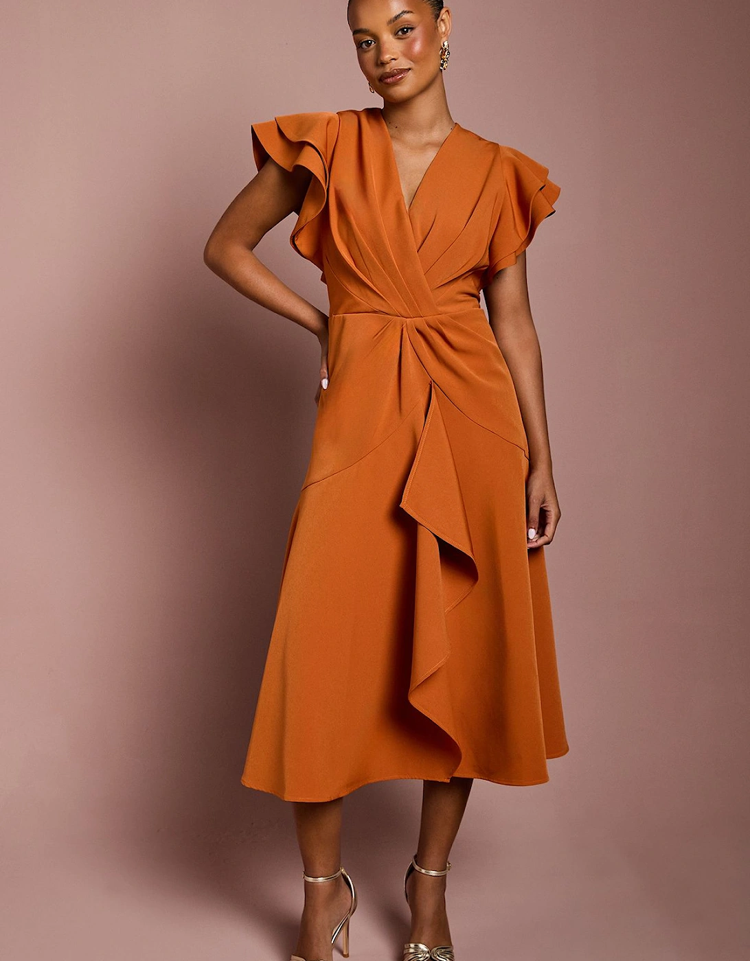 Petite Short Sleeve V Neck Wrap Front Midi Dress, 2 of 1