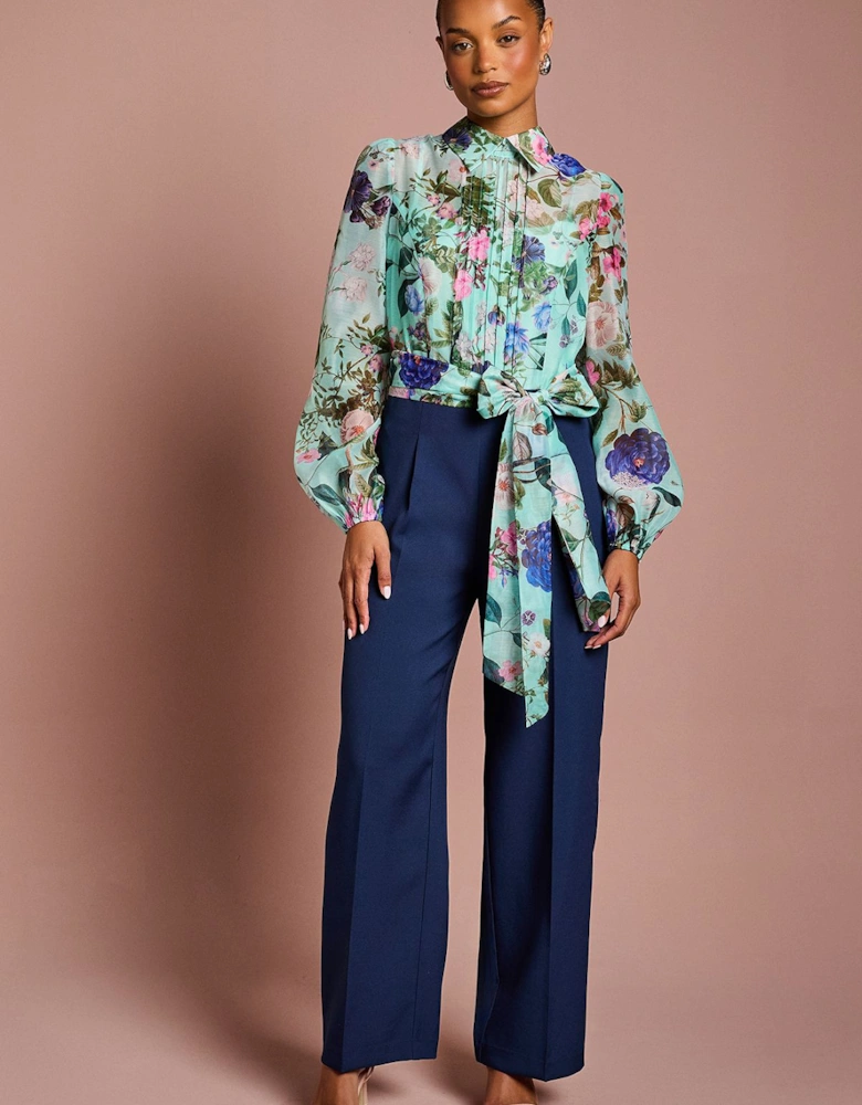 Petite Printed Blouson Sleeve Pintuck Detail Wide Leg Jumpsuit