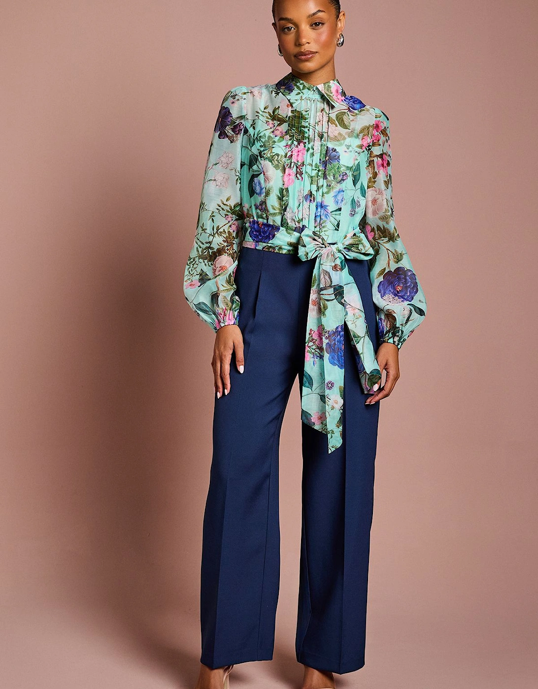 Petite Printed Blouson Sleeve Pintuck Detail Wide Leg Jumpsuit, 2 of 1
