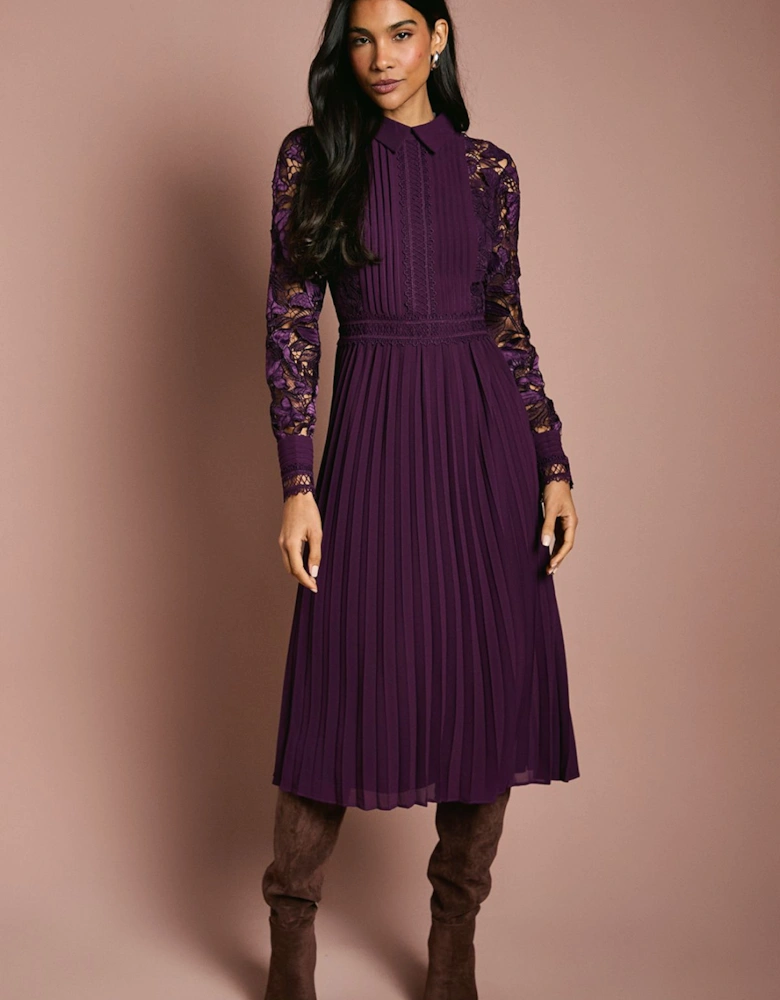 Long Sleeve Lace and Pleated Midi Shirt Dress
