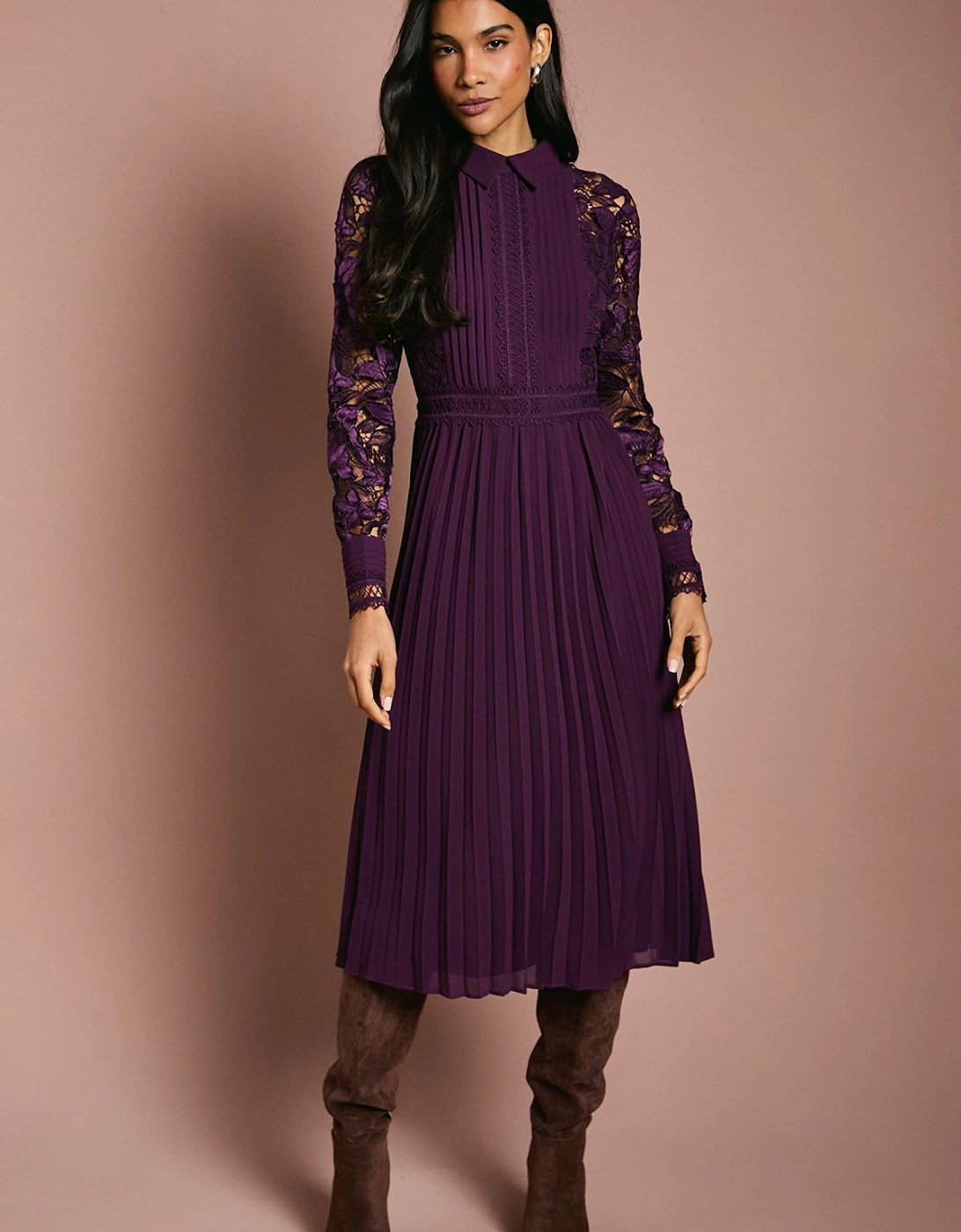 Long Sleeve Lace and Pleated Midi Shirt Dress, 2 of 1