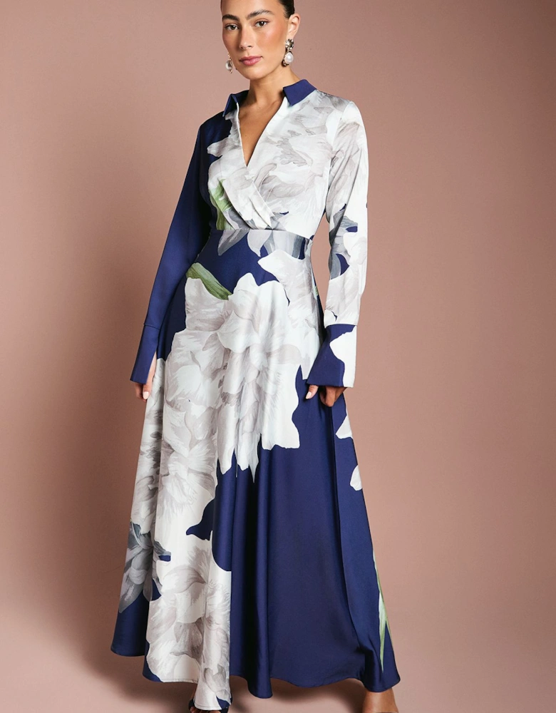 Placement Print Wrap Front Maxi Dress