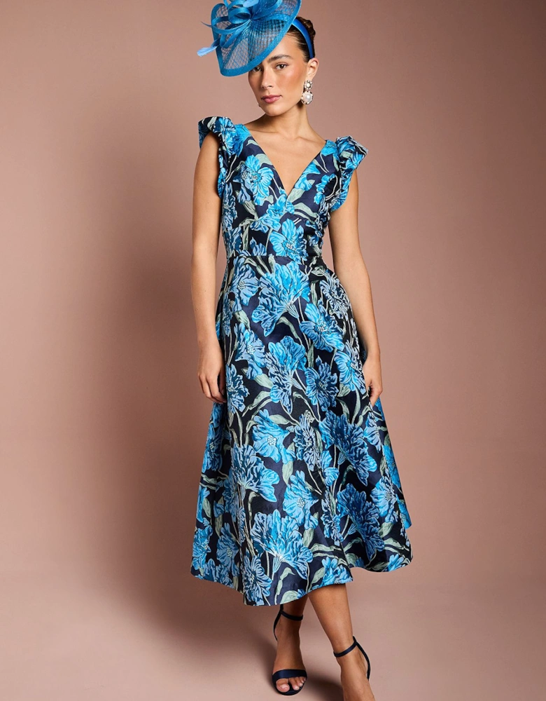 V Neck Floral Jacquard Midi Dress
