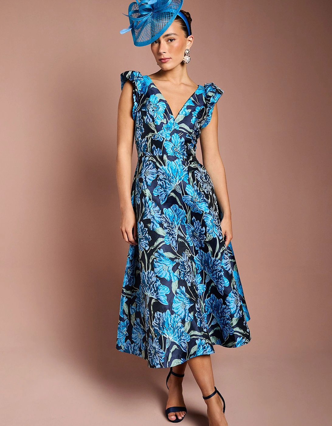 V Neck Floral Jacquard Midi Dress, 2 of 1