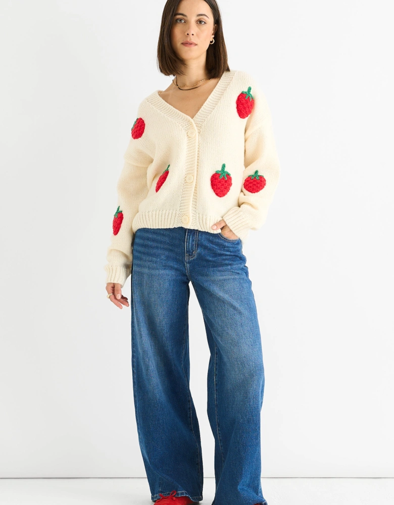 Cream Contrast Strawberry Knitted Short Cardigan