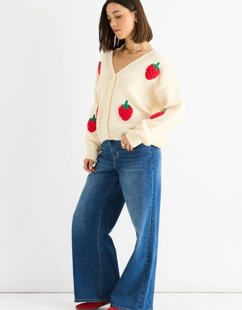 Cream Contrast Strawberry Knitted Short Cardigan
