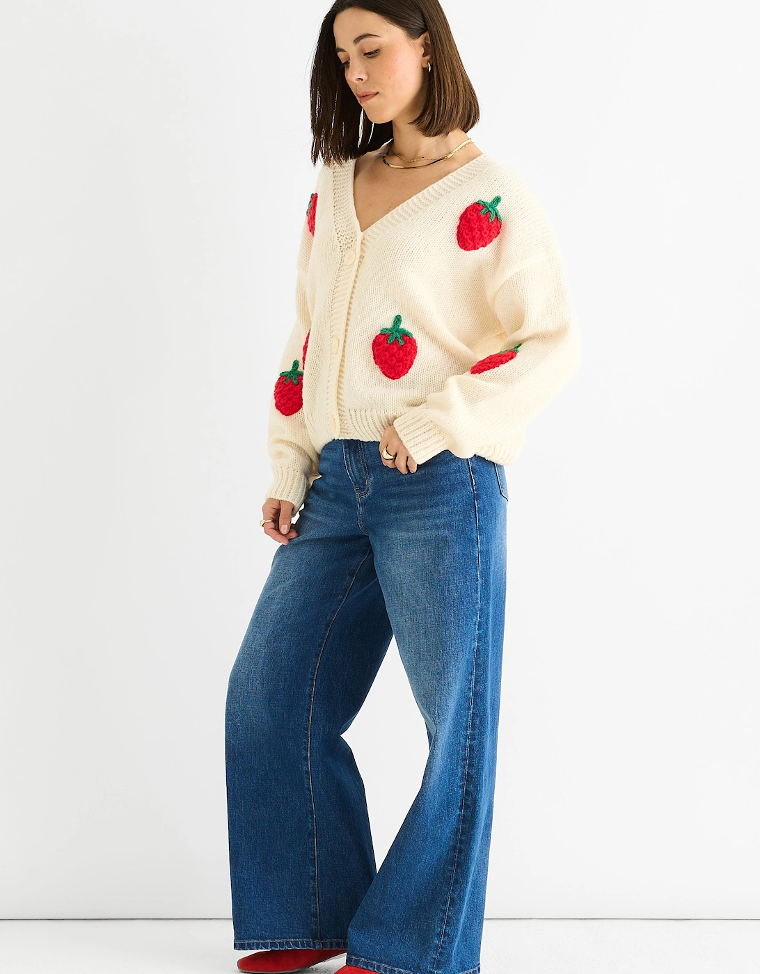 Cream Contrast Strawberry Knitted Short Cardigan