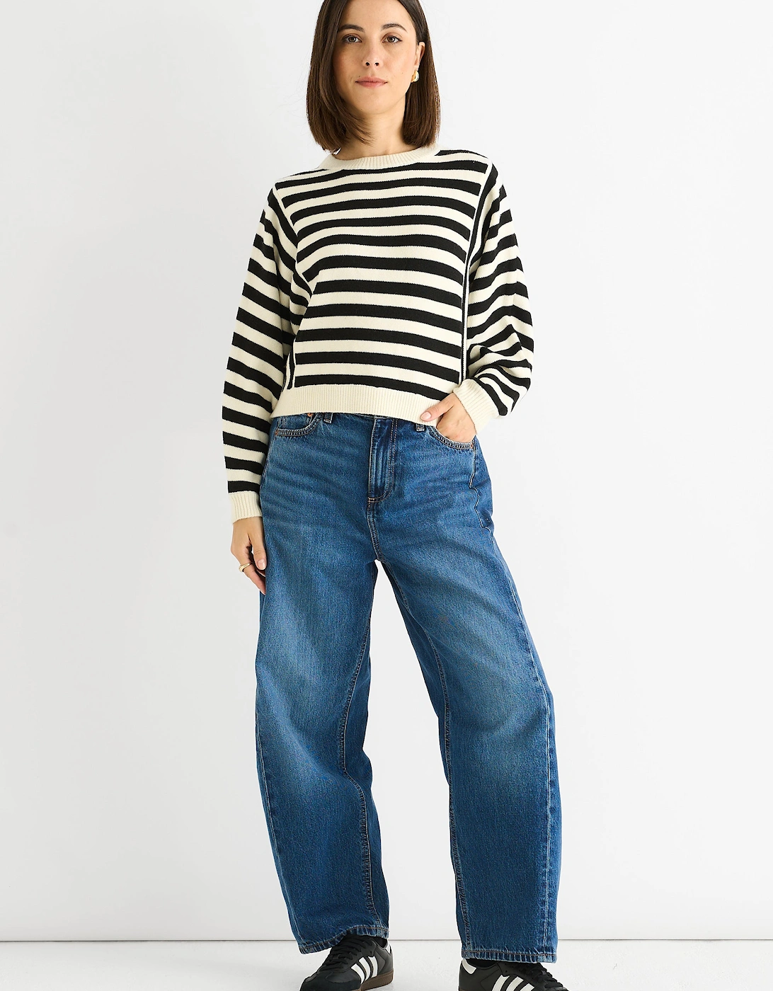 Gini London Women's White Recycle Contrast Stripe Loose Fit Knit Jumper - : Size 8