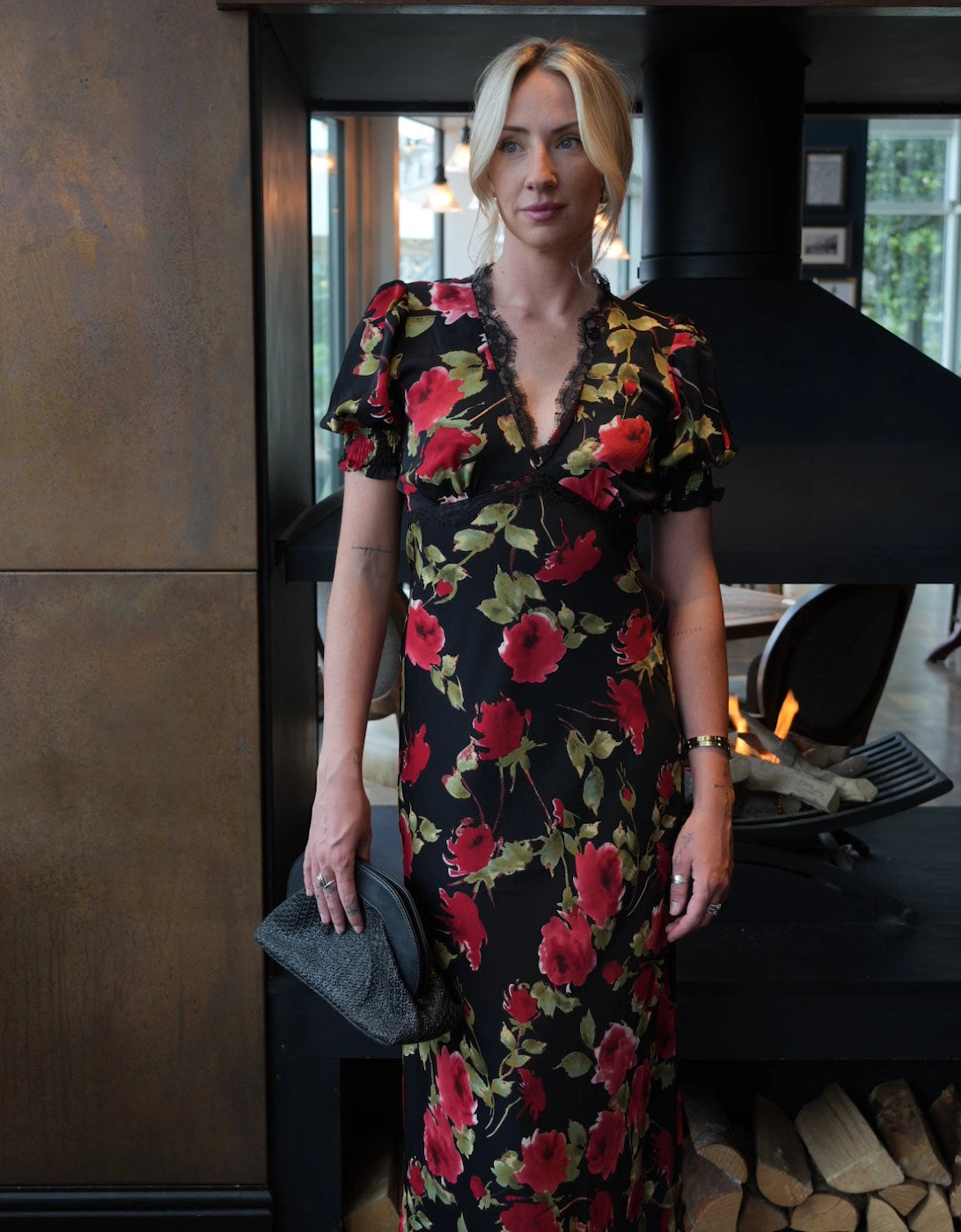 Black Floral Lace Trim Detail Midi Dress, 5 of 4