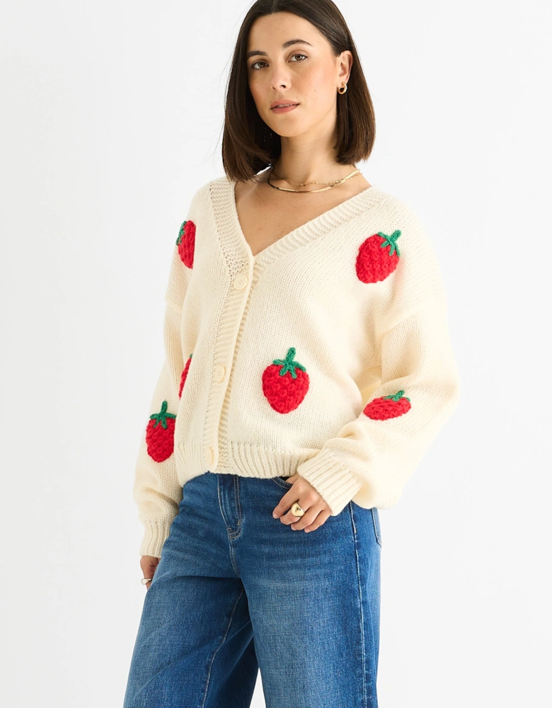 Cream Contrast Strawberry Knitted Short Cardigan