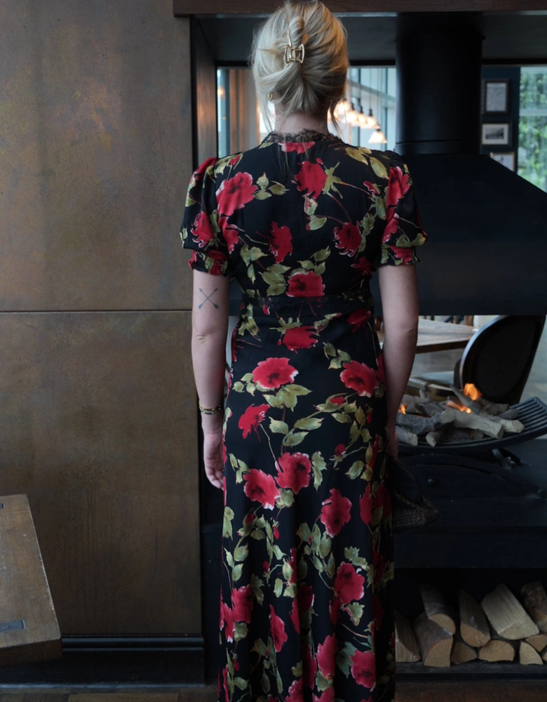 Black Floral Lace Trim Detail Midi Dress