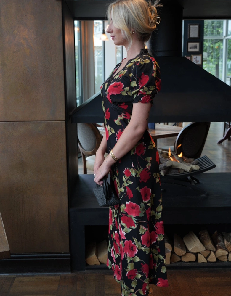 Black Floral Lace Trim Detail Midi Dress