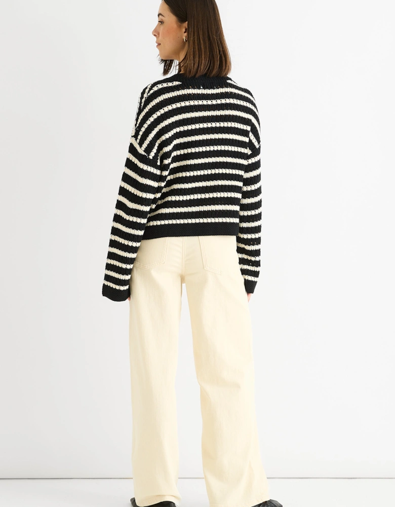 Black Stripe Cable Knit Crop Cardigan
