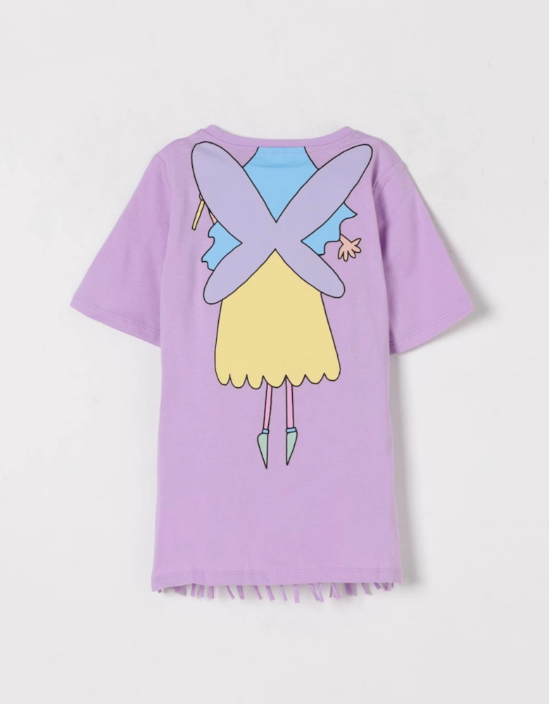 Graphic Short Sleeve Cotton Dress with Fringe Detail